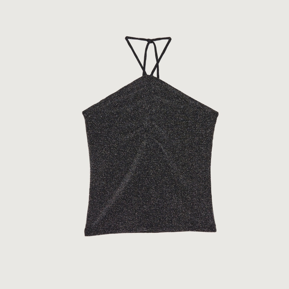 NWT OAK + FORT SPARKLY BLACK RUCHED TIE BACK HALTER TOP